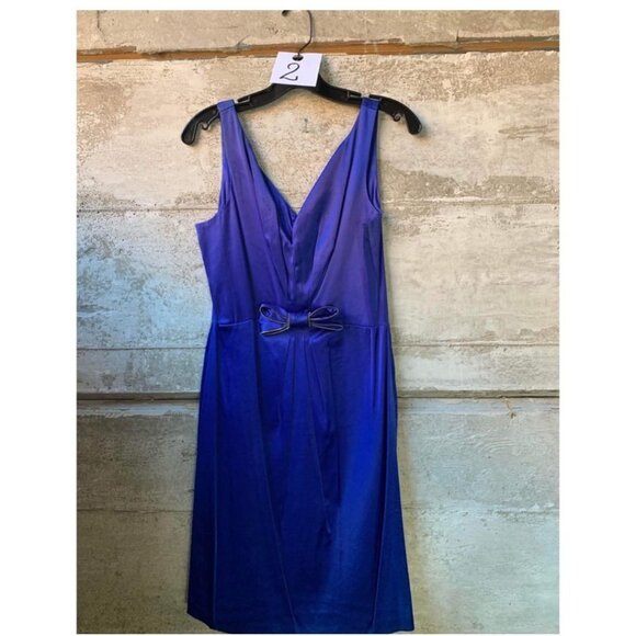 Eva Franco Emerald Blue Satin Elegant V-neck Collar Sleeveless Midi Dress